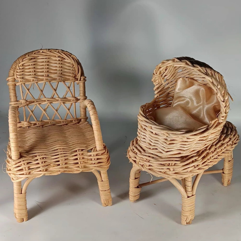 3 Piece Natural Wicker Doll Chair, Table and Bassinet Set